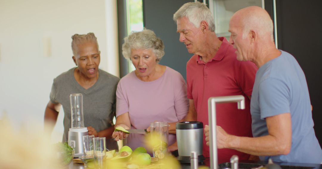 Senior Friends Preparing Smoothies Together in Modern Kitchen - Free Images, Stock Photos and Pictures on Pikwizard.com