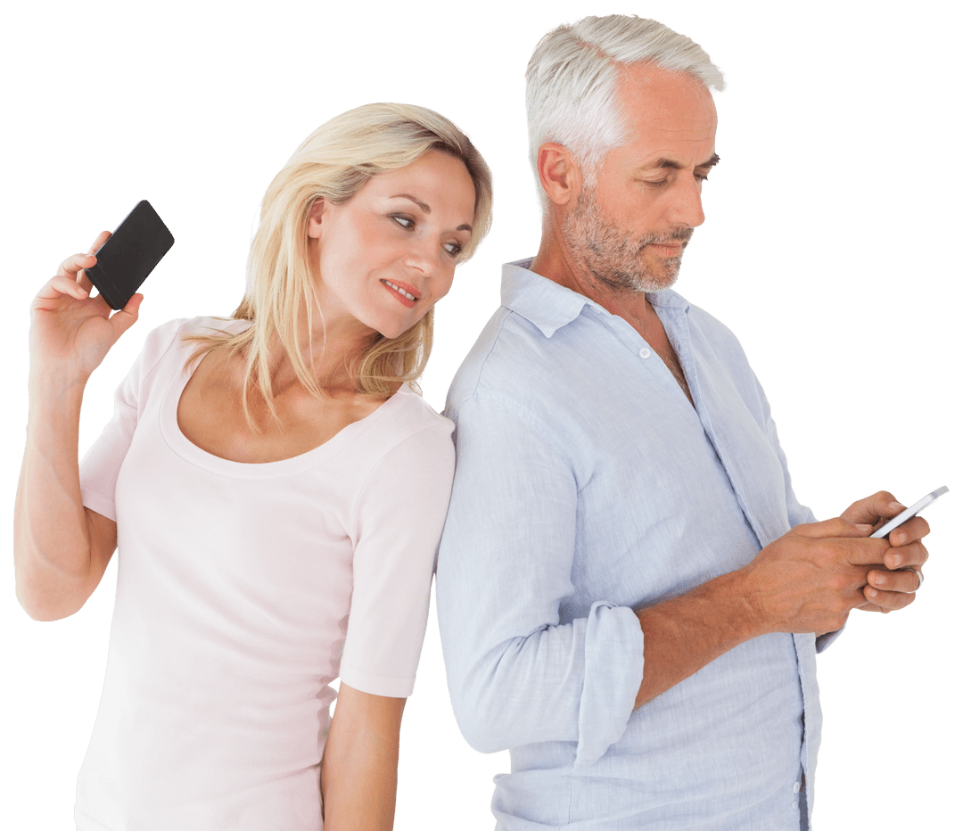 Mature Couple Spying While Using Smartphones on Transparent Background