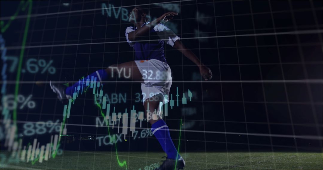 Soccer Player with Dynamic Overlay of Financial Charts at Night