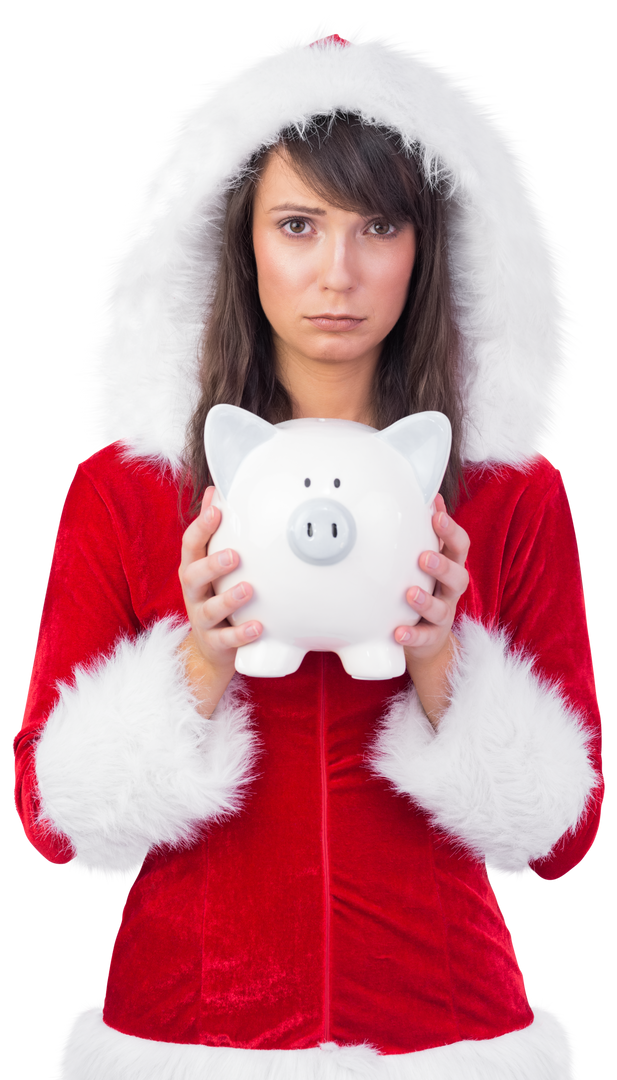 Transparent Sad Woman Holding Piggy Bank in Christmas Santa Suit - Download Free Stock Images Pikwizard.com