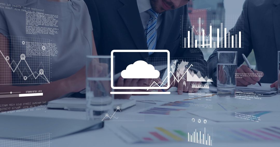 Business Team Analyzing Data with Financial Graph Overlays