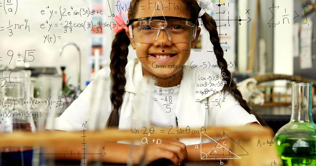 Smiling Schoolgirl Surrounded by Mathematical Equations in Science Lab