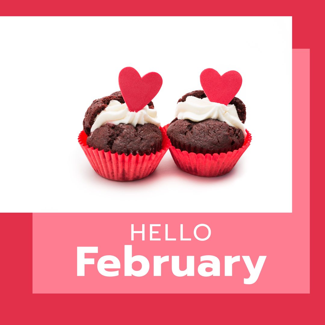 Hello February with Heart Cupcakes on White Background - Download Free Stock Templates Pikwizard.com