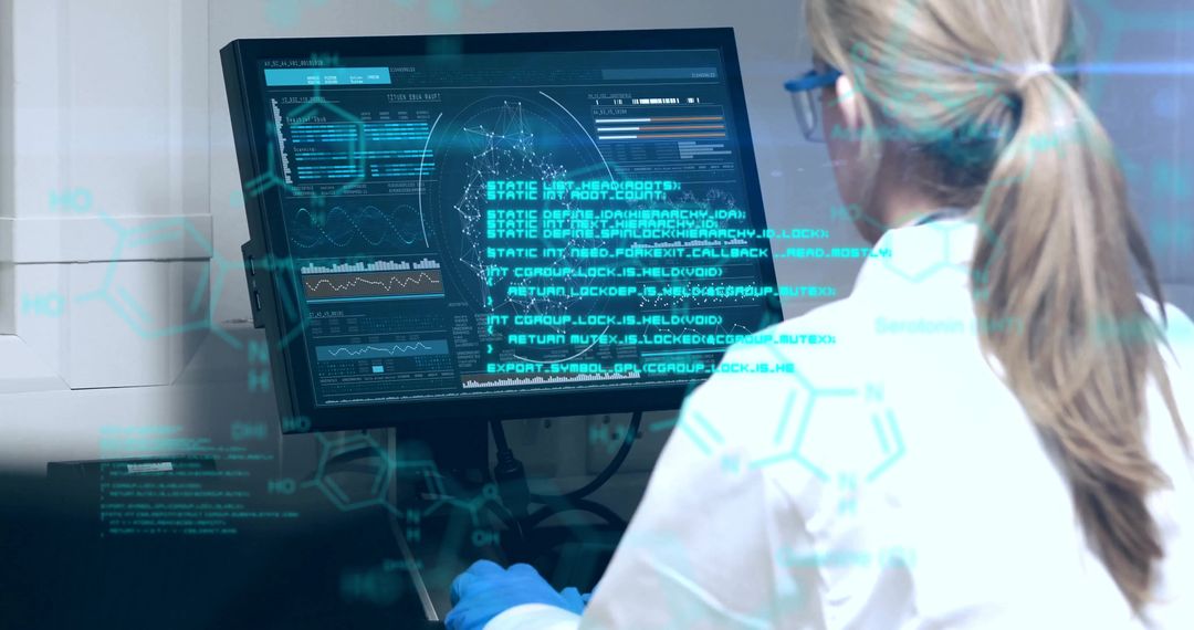 Scientist Analyzing Digital Data and Chemical Systems