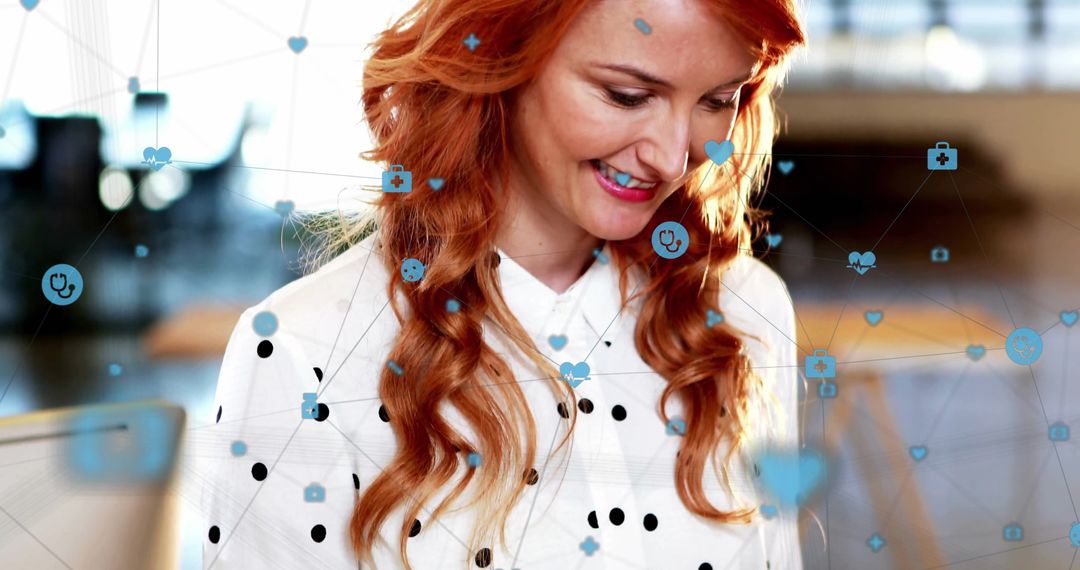 Smiling Woman Engaging in Digital Healthcare Networking