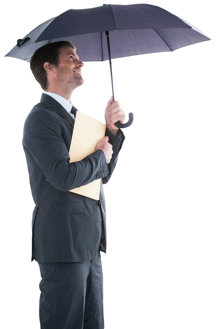 Smiling Businessman Holding Umbrella and Files on Transparent Background