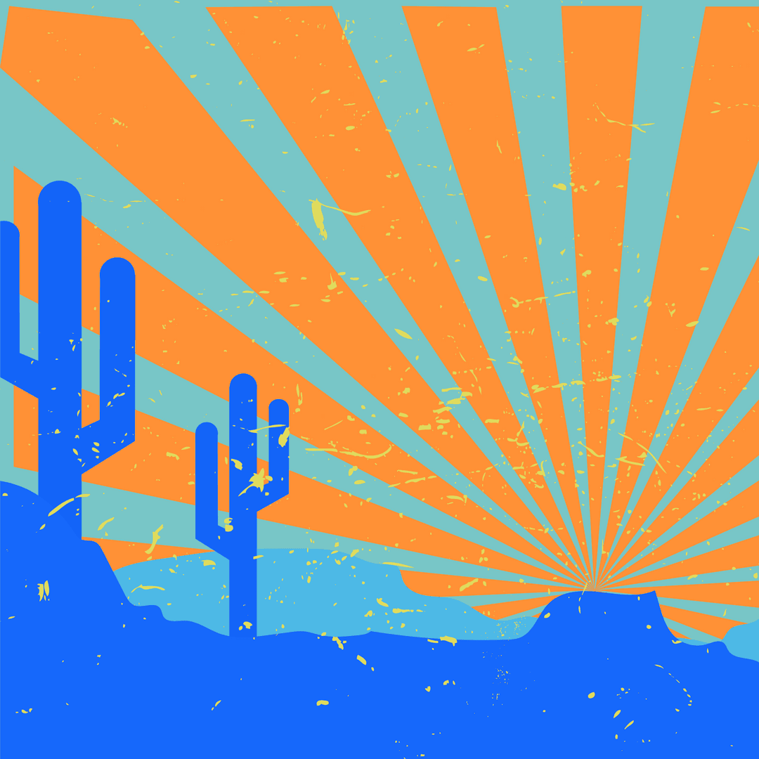 Retro Vibrant Cacti with Sunset Rays Transparent Background