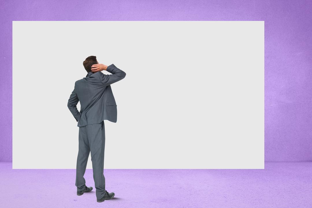 Rear view of confused businessman looking at blank billboard against purple wall - Free Images, Stock Photos and Pictures on Pikwizard.com