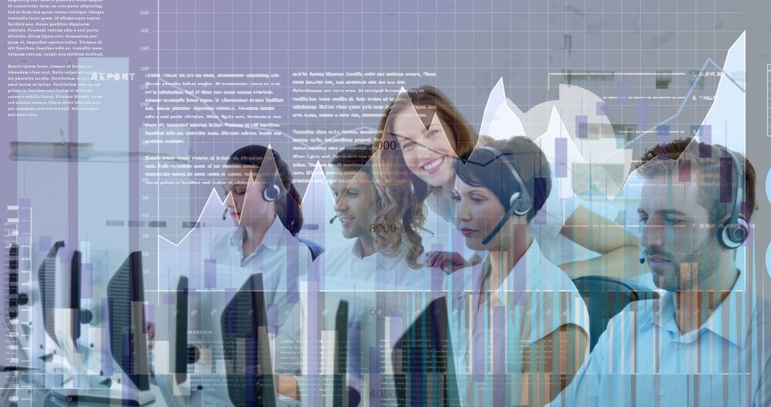 Customer Support Team Analyzing Data with Technological Overlay