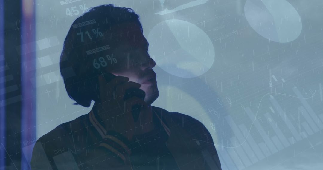 Man With Smartphone Analyzing Financial Data Overlay