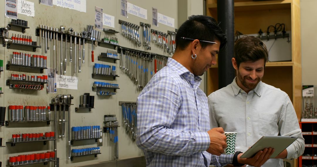 Two Engineers Discussing Project Over Coffee in Workshop Setting