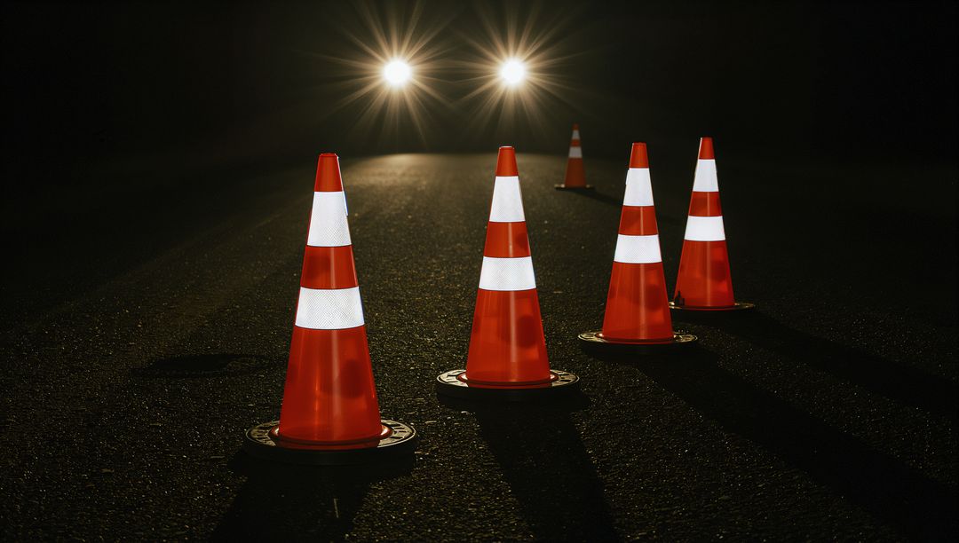 Night Traffic Cones Guiding Staggered Road Closure, Reflective Bands Flashing Headlights
