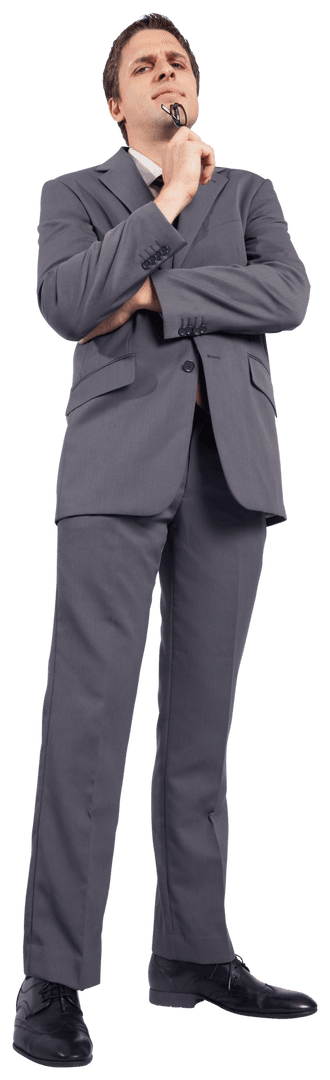 Contemplative Businessman Holding Glasses on Transparent Background
