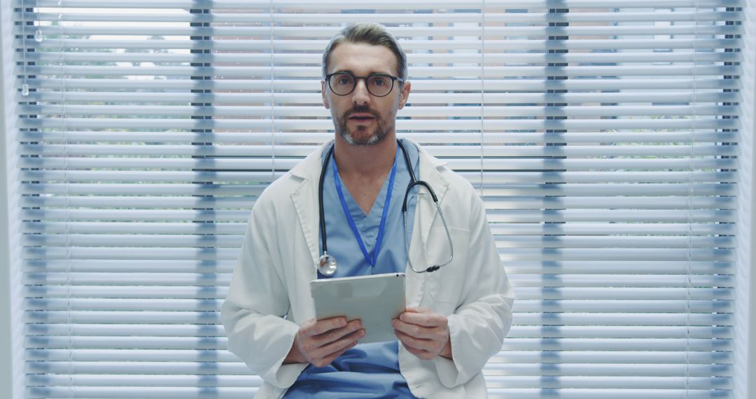 Confident Male Doctor in Clinic Holding Digital Tablet - Free Images, Stock Photos and Pictures on Pikwizard.com