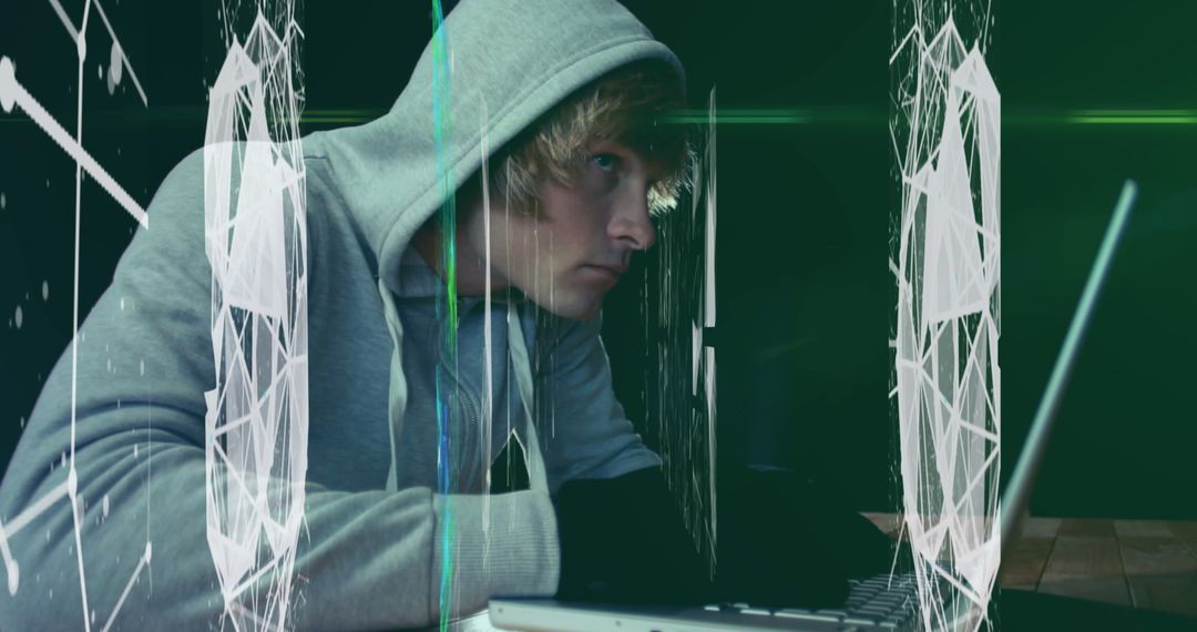 Young Hacker in Hoodie with Futuristic Interface