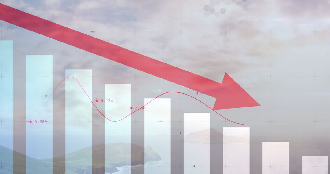 Declining Business Trends With Red Arrow Over Bar and Line Graphs