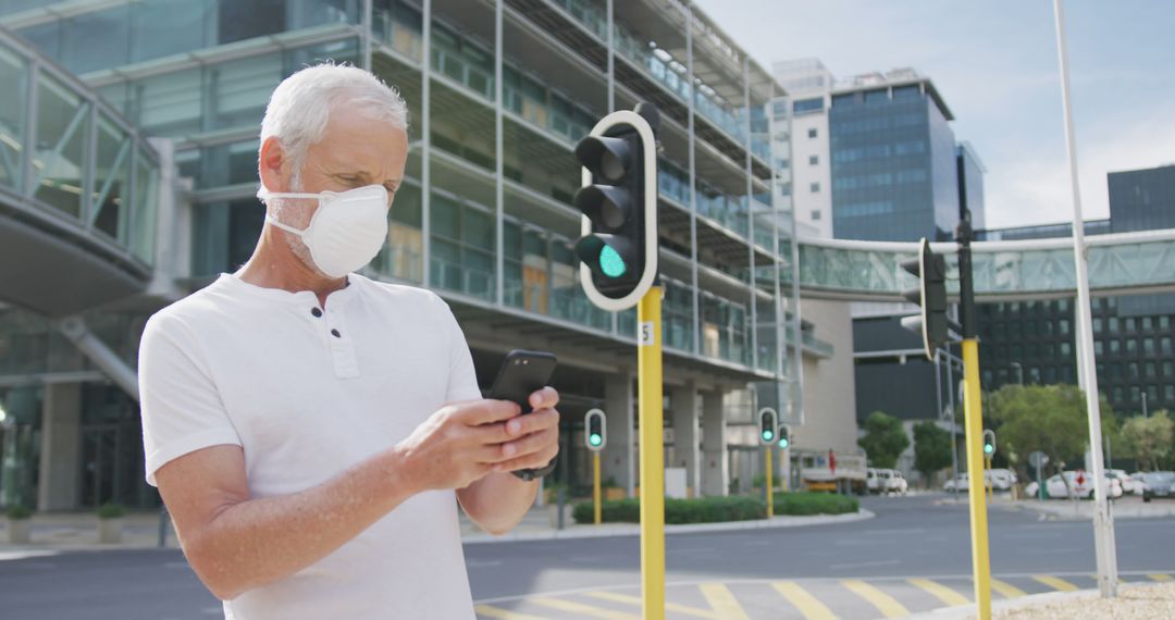 Mature Man Wearing Face Mask Using Smartphone Outdoors - Free Images, Stock Photos and Pictures on Pikwizard.com