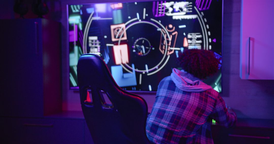 Gamer in Plaid Immersed in Multiplayer Video Game Experience