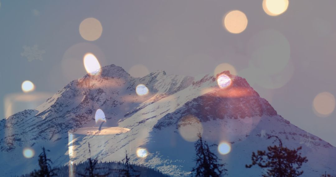 Serene Winter Mountain with Candlelight Bokeh Overlays
