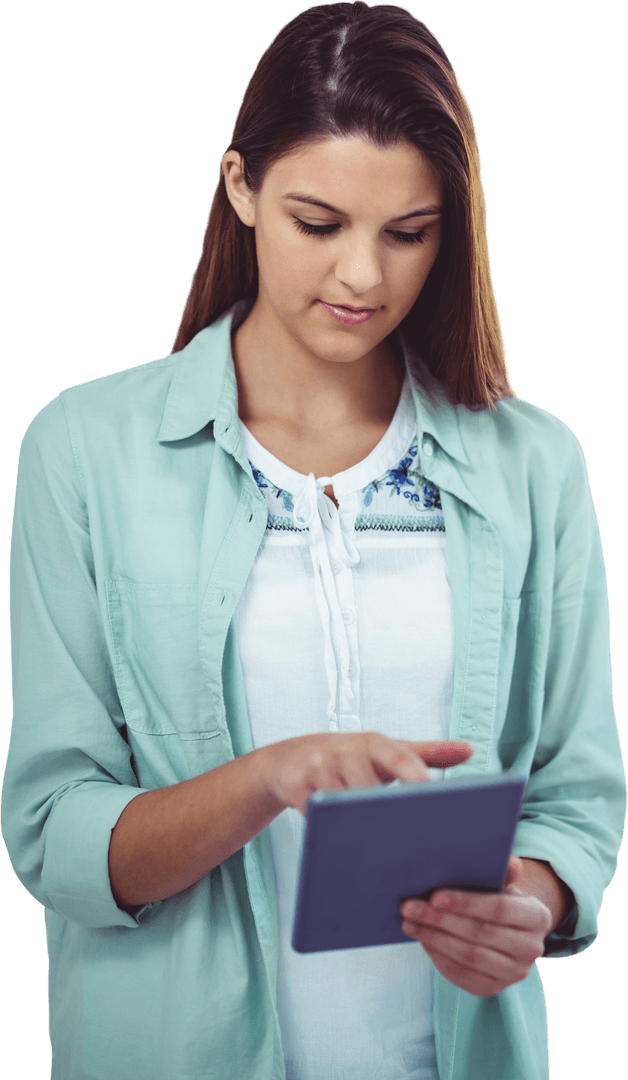 Woman Using Tablet Technology on Transparent Background