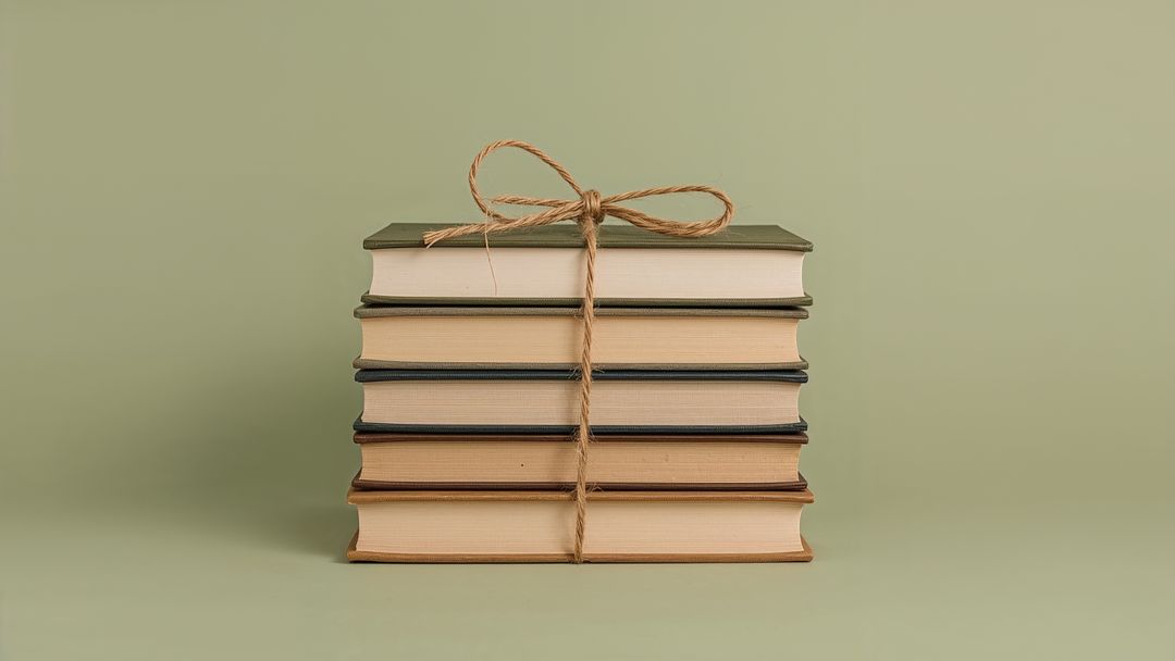 Stack of Hardcover Books Tied with Twine Bow in Minimalist Setting