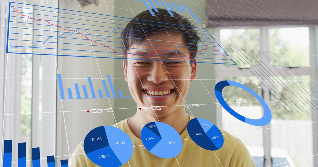 Smiling Business Analyst with Financial Data Visualization Overlay