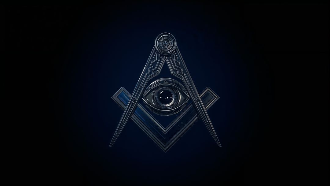 Masonic floating square-and-compass emblem with all-seeing eye on dark background