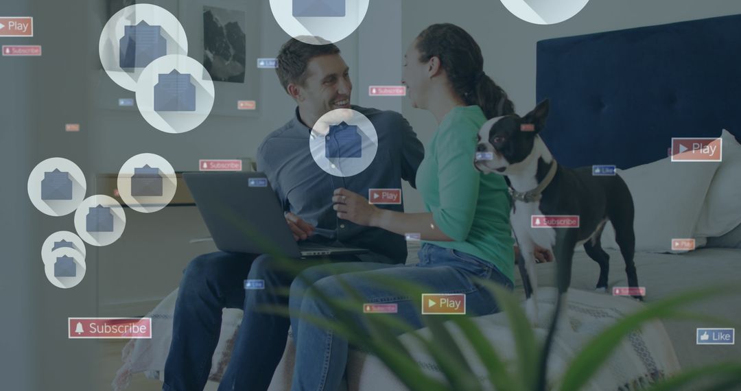 Couple Relaxing on Bed Browsing with Laptop and Social Media Overlays