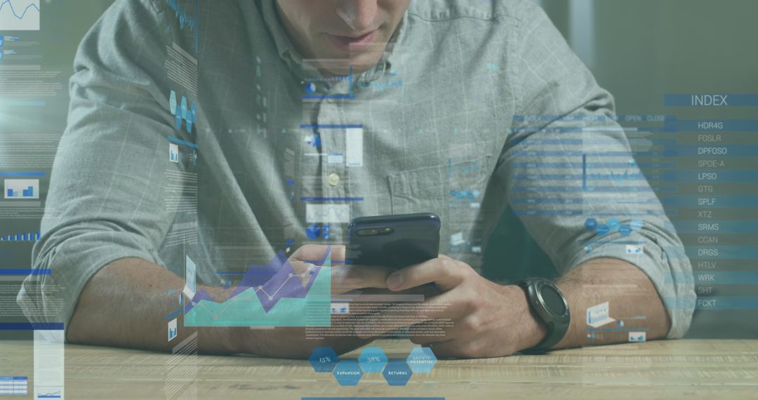 Technology Professional Analyzing Data on Smartphone with Futuristic Holographic Interface