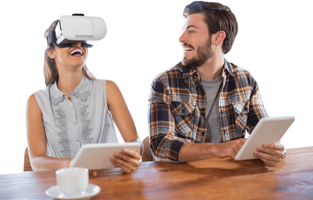 Transparent Tech Experience: Smiling Pair Sharing Virtual Fun