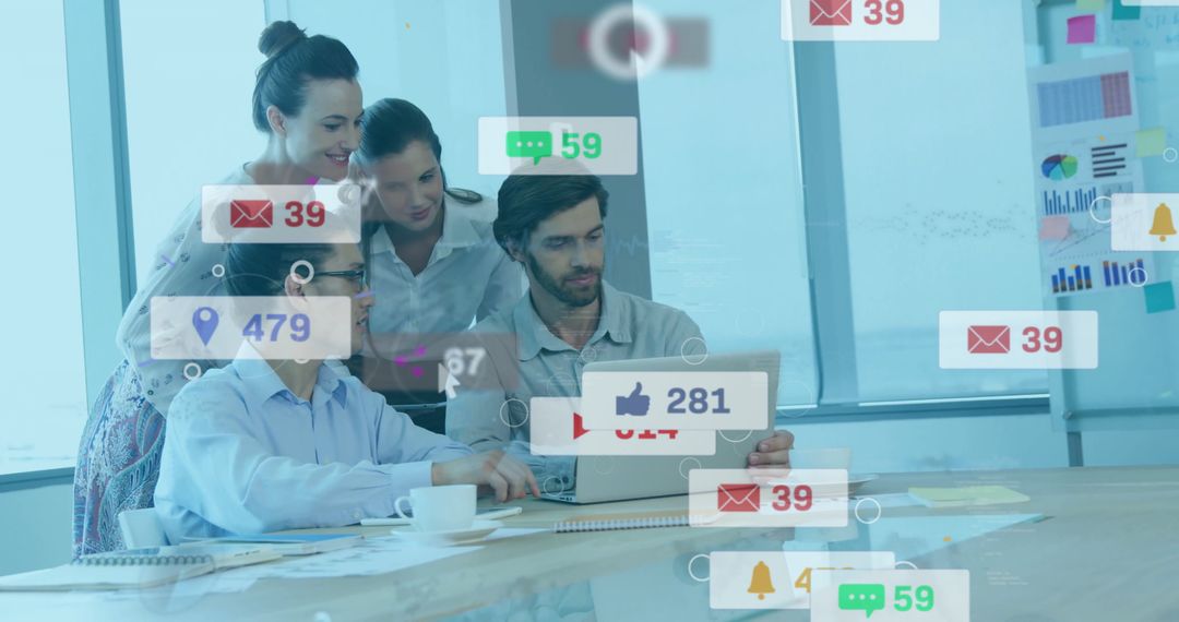 Dynamic Team Collaboration in Modern Office with Social Media Overlay