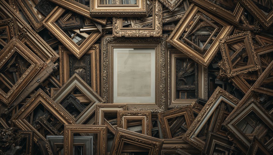 Stacking ornate gilded frames surrounding blank aged mat for vintage gallery display