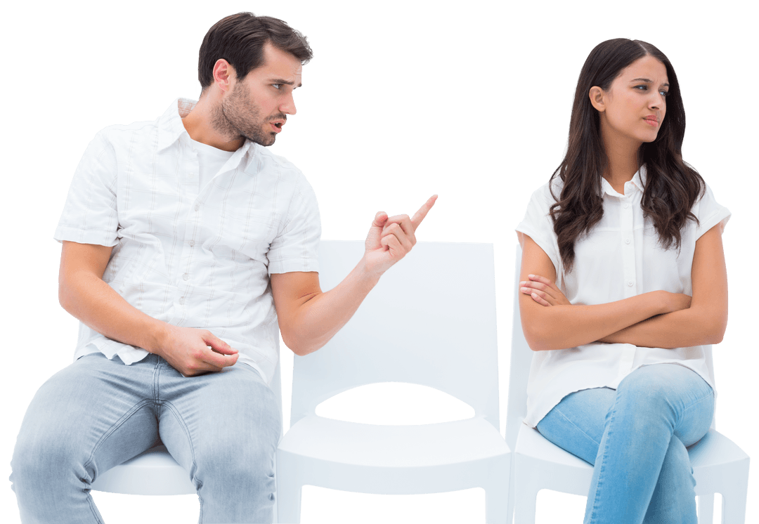 Transparent Couple Disagreeing While Seated in Casual Outfits