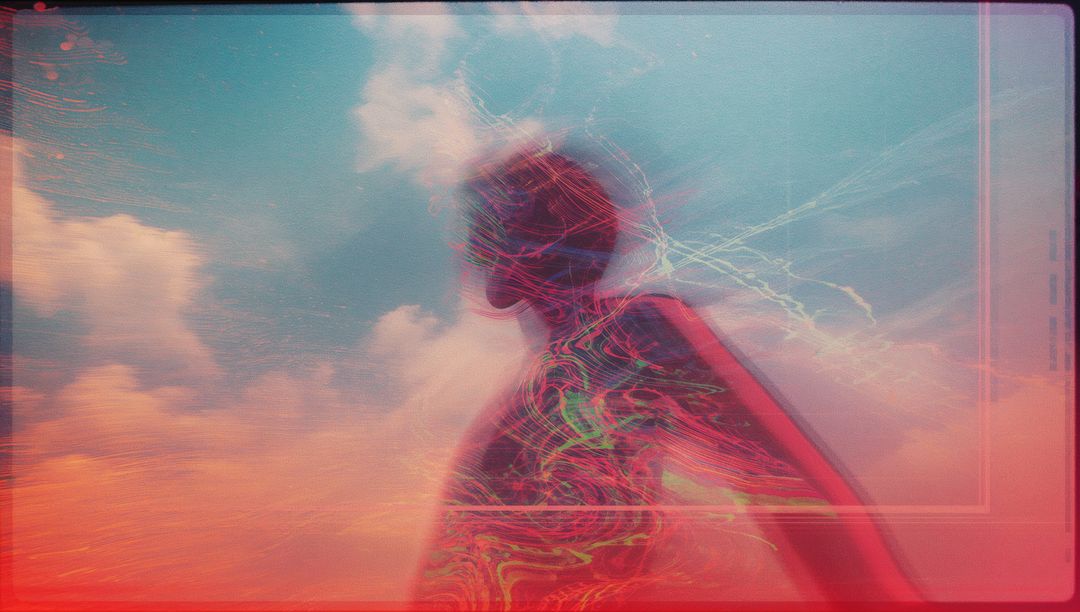 Abstract Silhouette Against Sky with Futuristic Glitch Effects