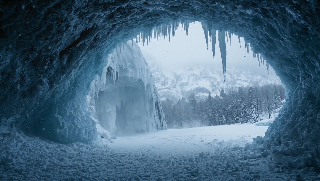 Revealing Ice Cave Framing Snowfield with Jagged Icicles and Blue Glacial Arch