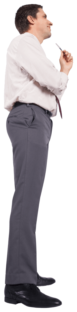 Caucasian Businessman Holding Pen in Thought on Transparent Background