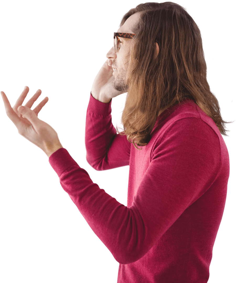 Side View of Hipster on Cellphone in Transparent Business Setting