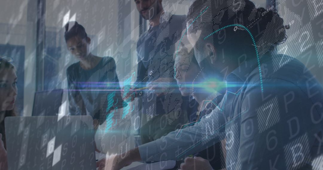 Diverse Team Analyzing Financial Data Overlaid with Digital Interface Graphics