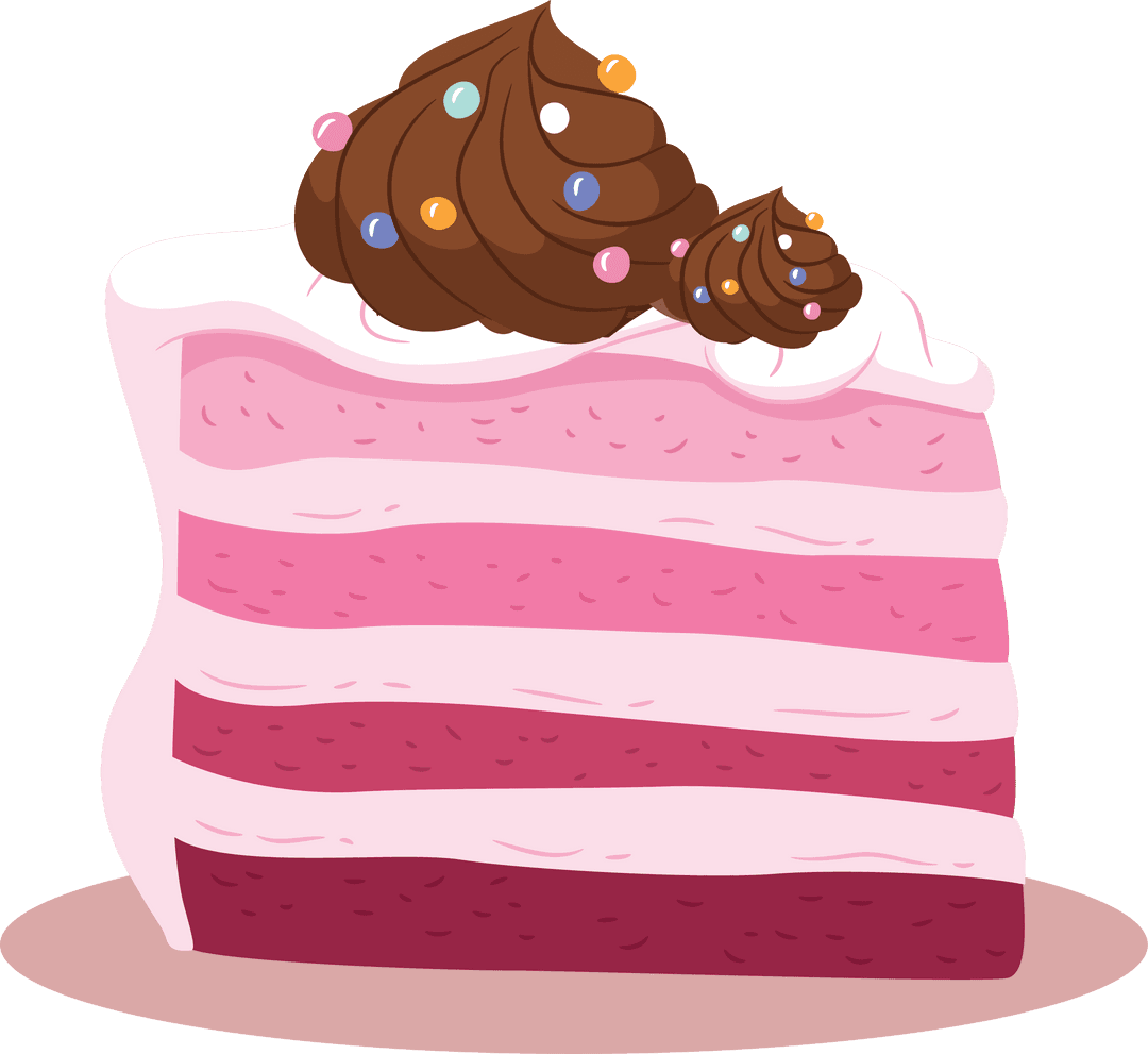 Pink Layered Cake Slice on Transparent Background with Chocolate Swirls