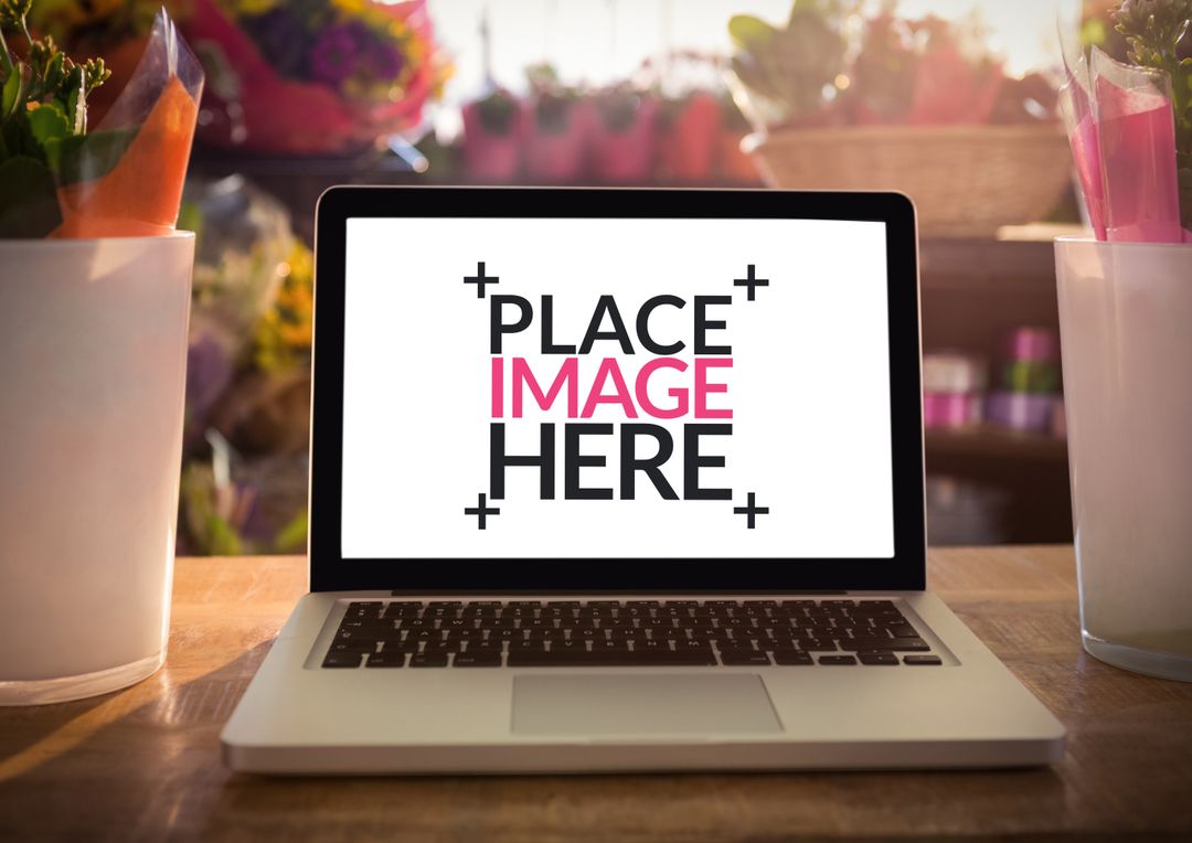Mockup Laptop Screen in Bright Flower Shop Setting