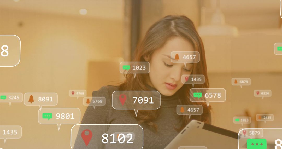 Businesswoman Engaging with Digital Notifications on Tablet in Modern Cafe