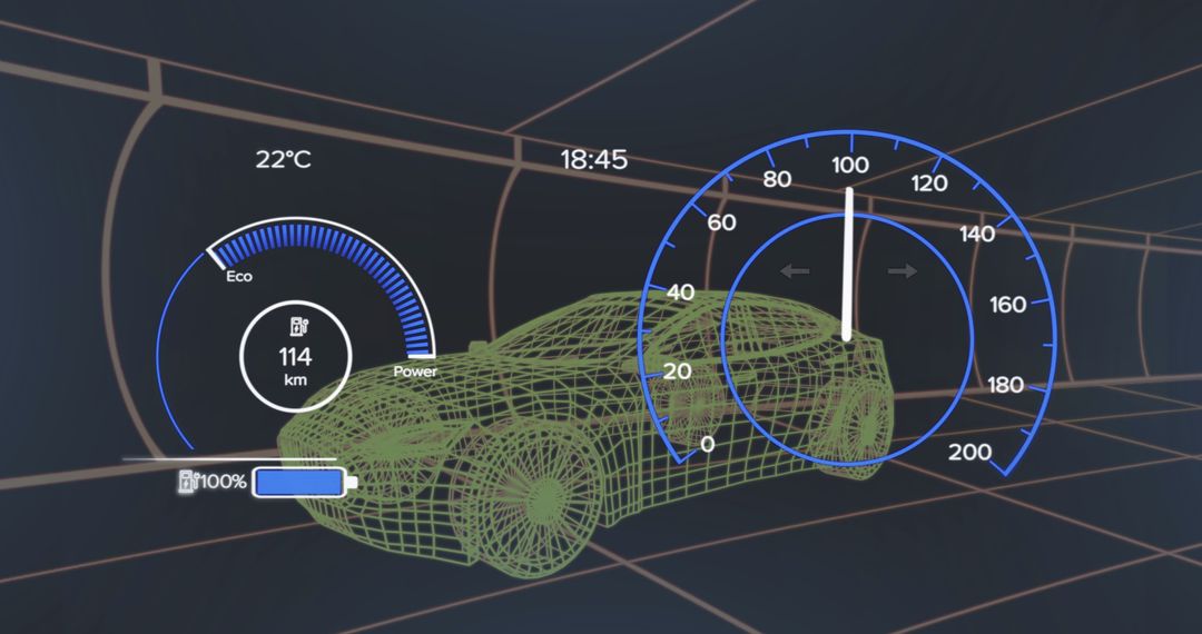 3D Car Model with Speedometer Overlay on Dark Background Display