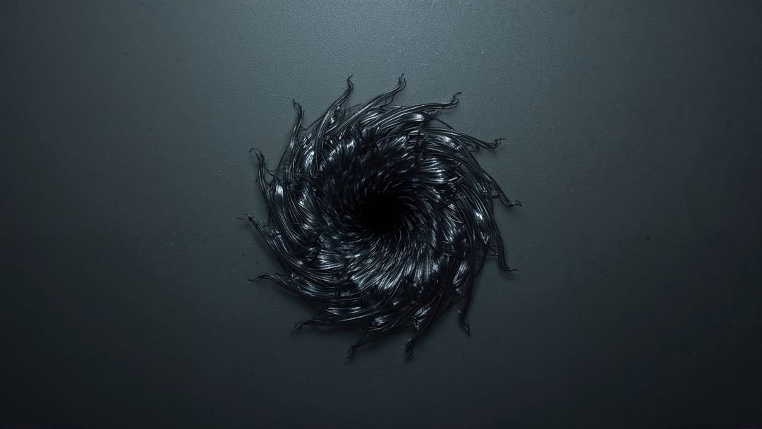 Circular Swirling Vortex of Black Tendrils on Dark Surface
