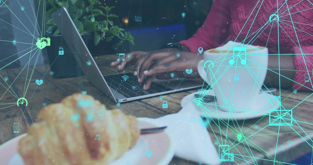 Connecting Online in Cafe with Food and Technology Icons Overlay