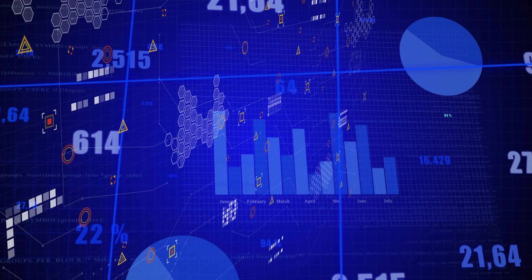 Dynamic Data Visualization With Blue Bar Graph and Abstract Elements