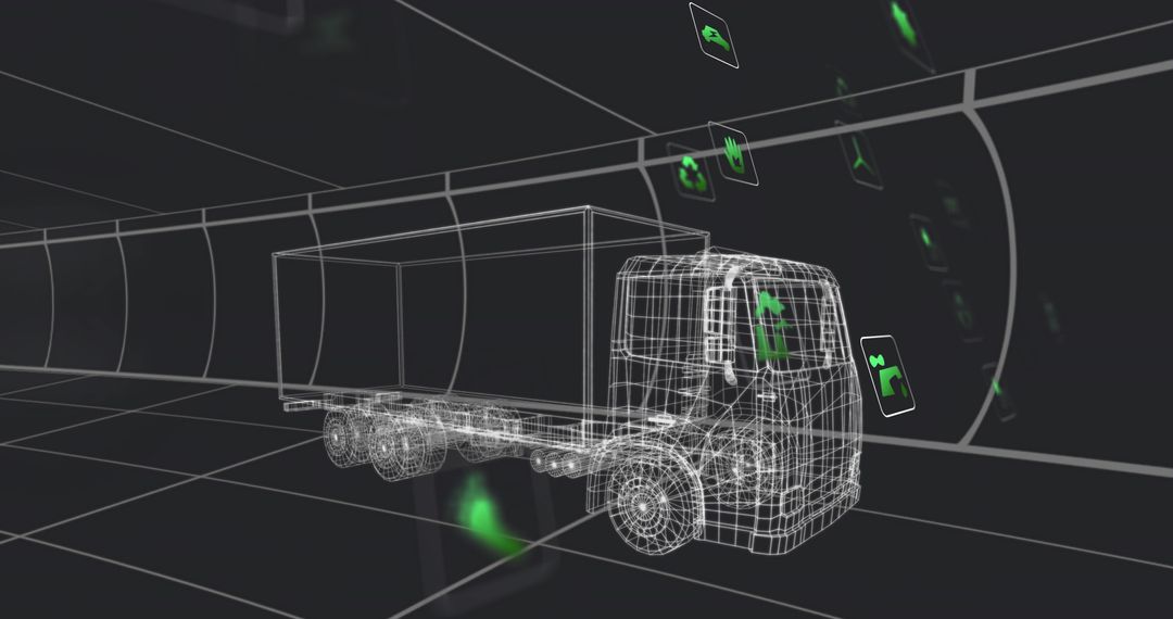 Futuristic Semi-Truck in Digital Grid Tunnel with Green Interface Icons
