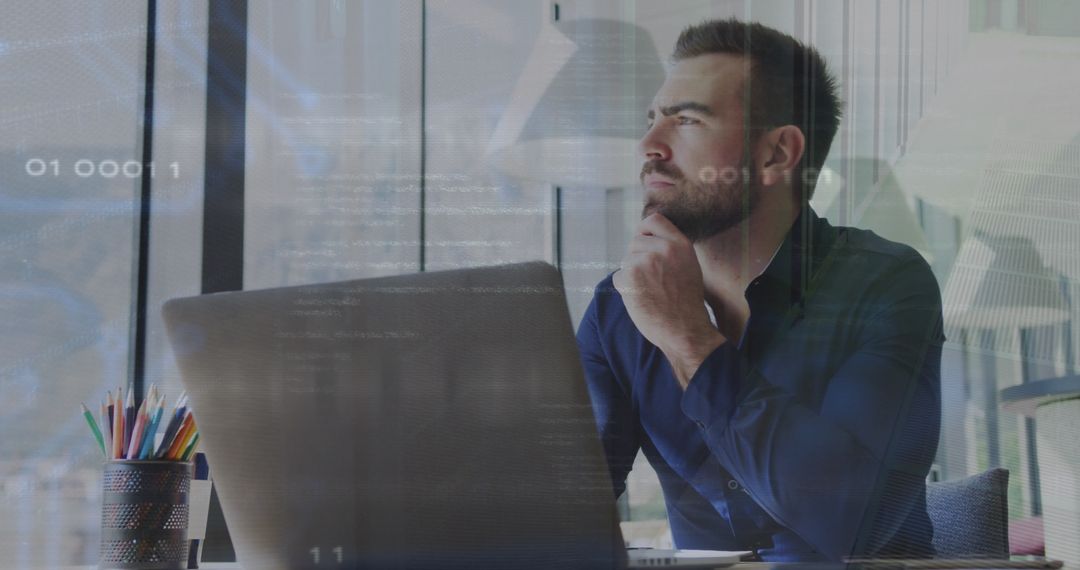 Thoughtful Office Worker Pondering at Modern Workspace