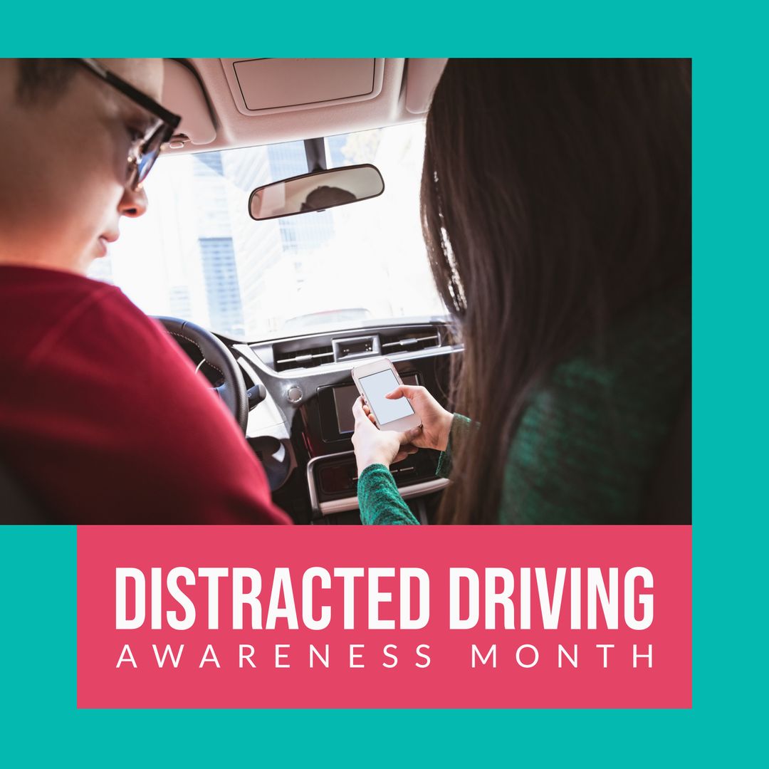 Distracted Driving Awareness Month with Couple Using Smartphone in Car - Download Free Stock Templates Pikwizard.com