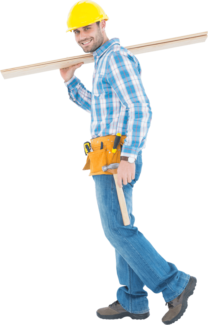 Smiling Worker Carrying Wooden Planks on Transparent Background