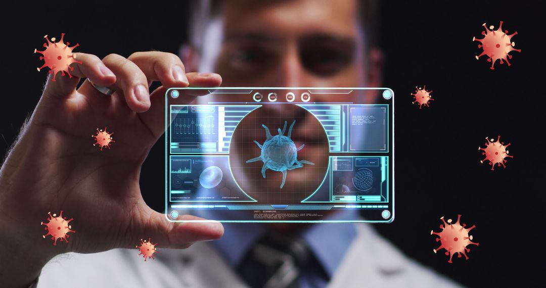 Scientist Analyzing Virus Data on Transparent Digital Tablet